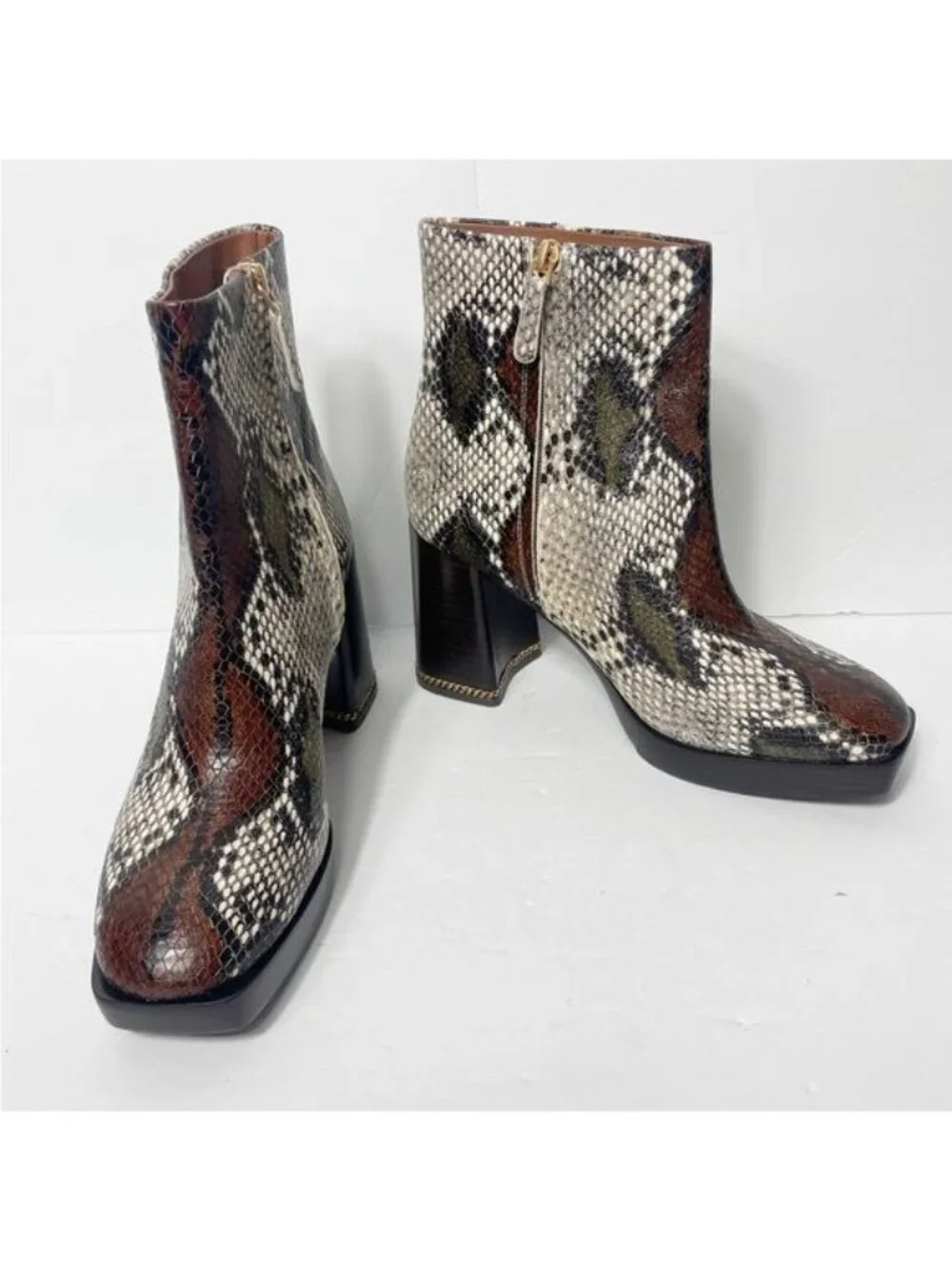 Tory Burch Ruby Python-Embossed Ankle Boots Size 8 Aspen Block Heel Chain Accent